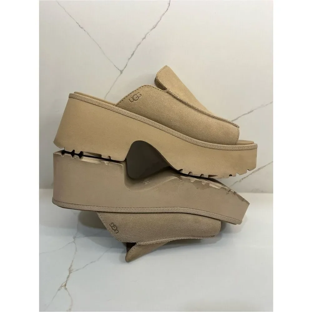 UGG Suede Platform Slide Sandals Camel Tan Square Toe Wedge Slides Sz 9